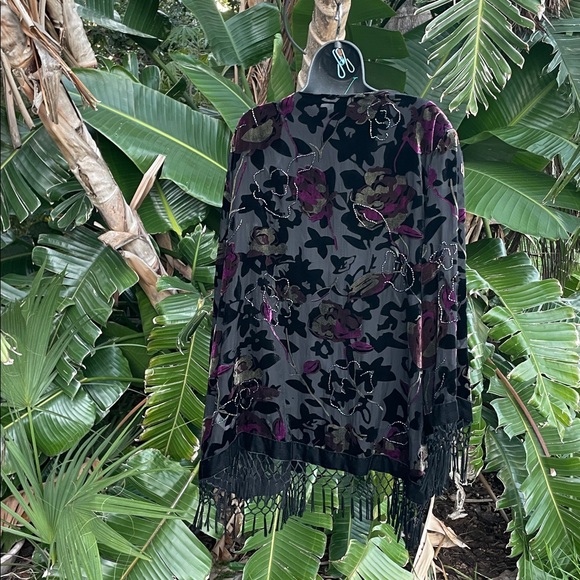 Burnout velvet, dark floral beaded, and fringe jacket - Picture 3 of 5